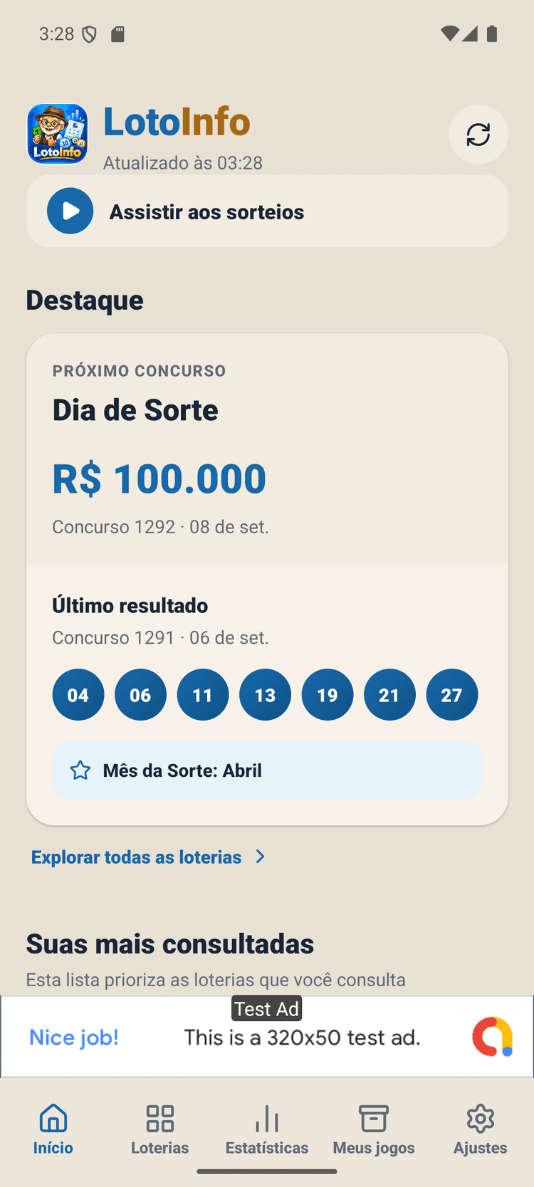 Tela inicial do LotoInfo