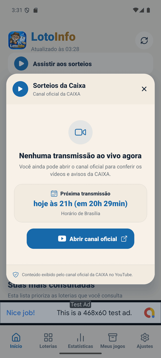 Tela de transmissões oficiais do LotoInfo